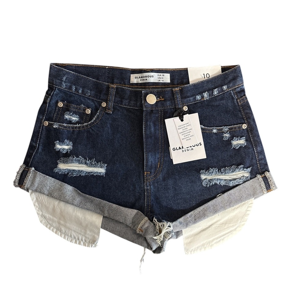Glamorous Denim Dark Blue Bleach Stonewash Distressed Shorts Boho USA 6 NEW